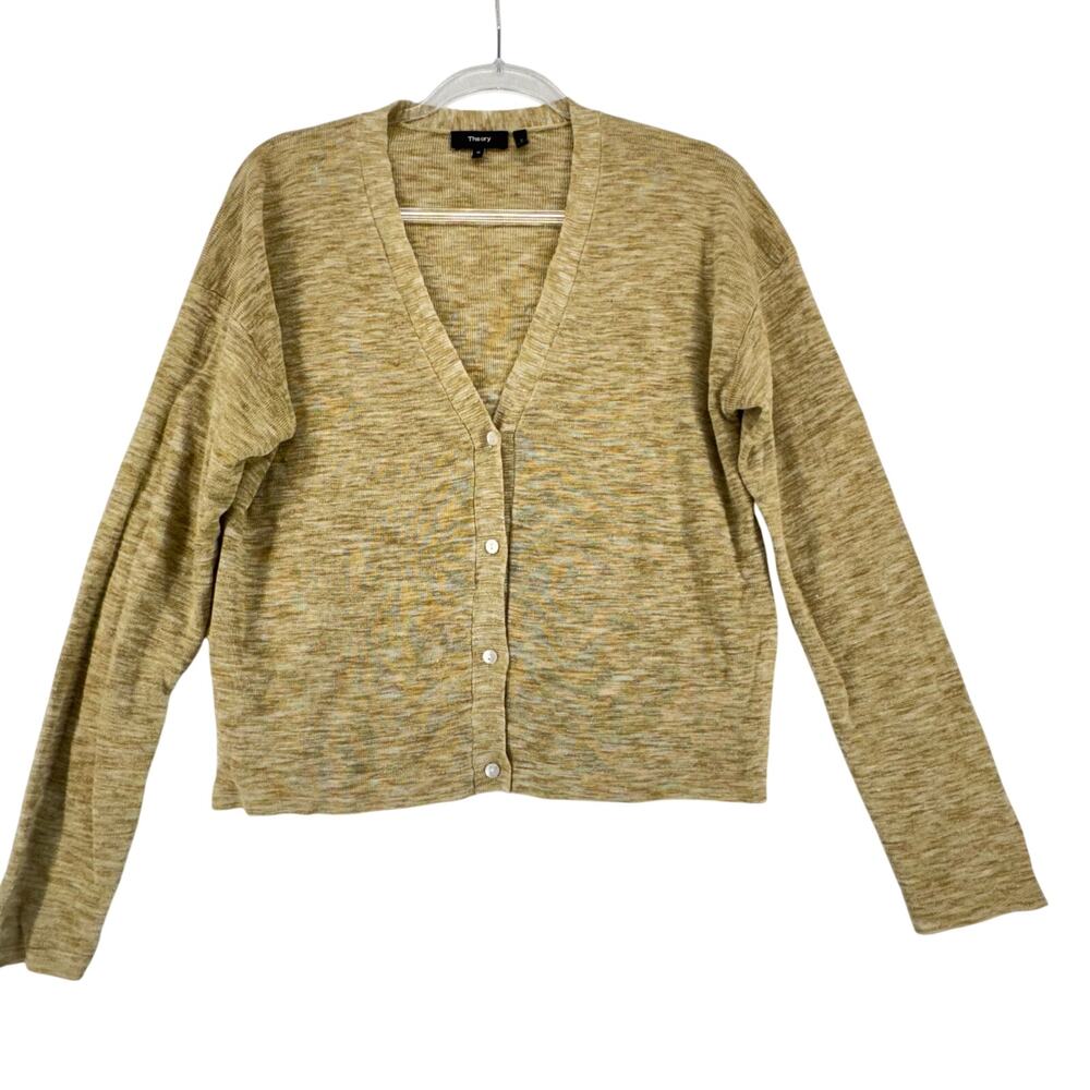 Theory Linen Blend Hanalee Button Cardigan SZ M Minimalist Neutral Light Knit - Picture 3 of 7